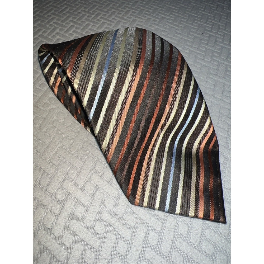 Bergamo New York Repp Necktie Mens Striped Brown Orange Blue Extra Long 64x3.5